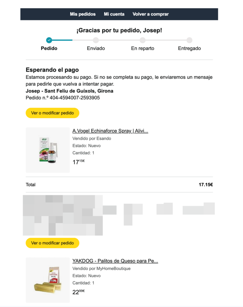 Email dando las gracias de Amazon
